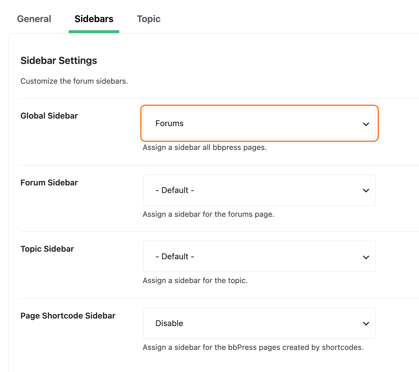 Foxiz > bbPress Forums, Sidebars tab: Global Sidebar set to Forums (outlined), Forum Sidebar and Topic Sidebar on - Default -, Page Shortcode Sidebar on Disable