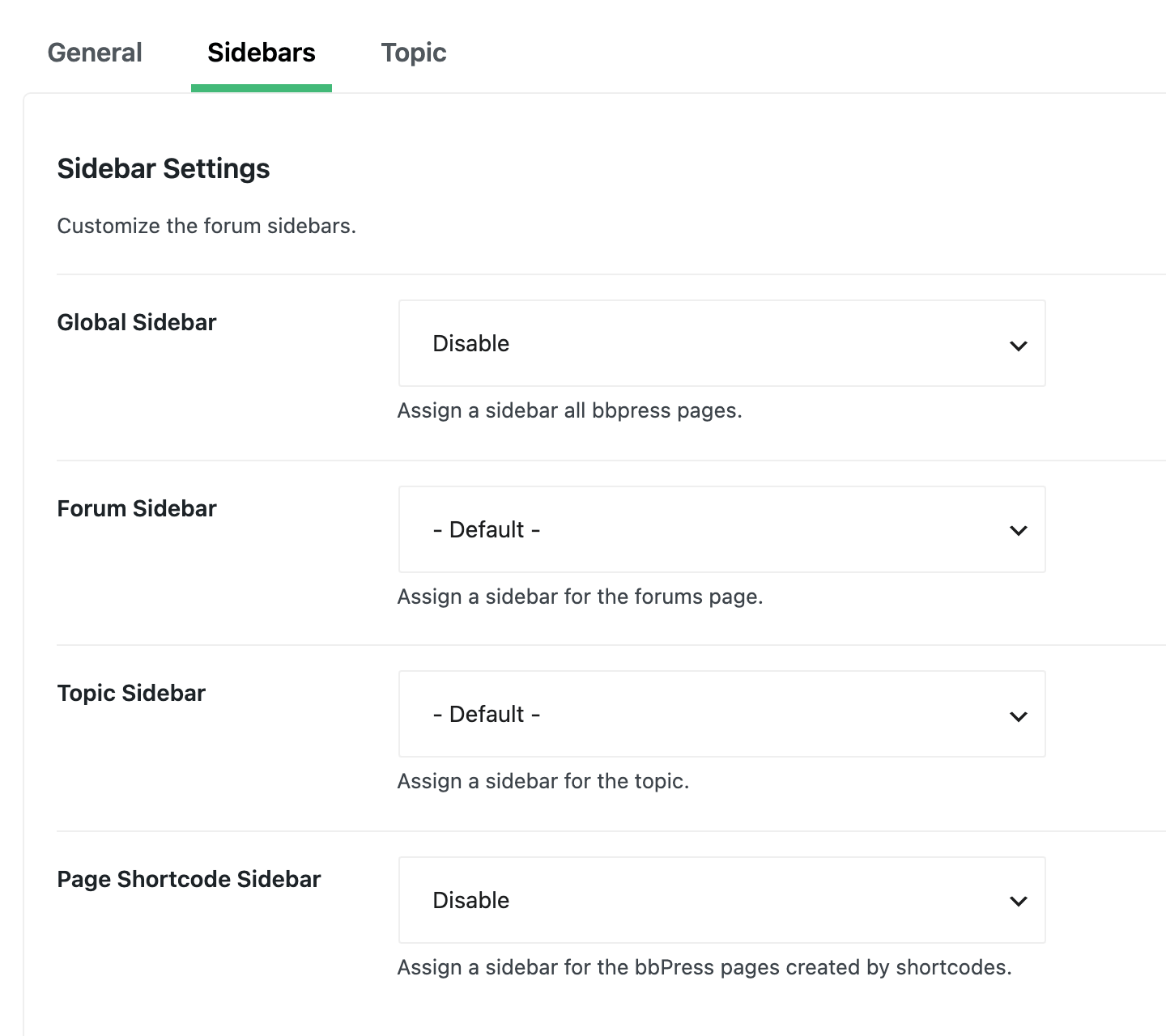 Foxiz > bbPress Forums, Sidebars tab: Global Sidebar on Disable, Forum Sidebar and Topic Sidebar on - Default -, Page Shortcode Sidebar on Disable