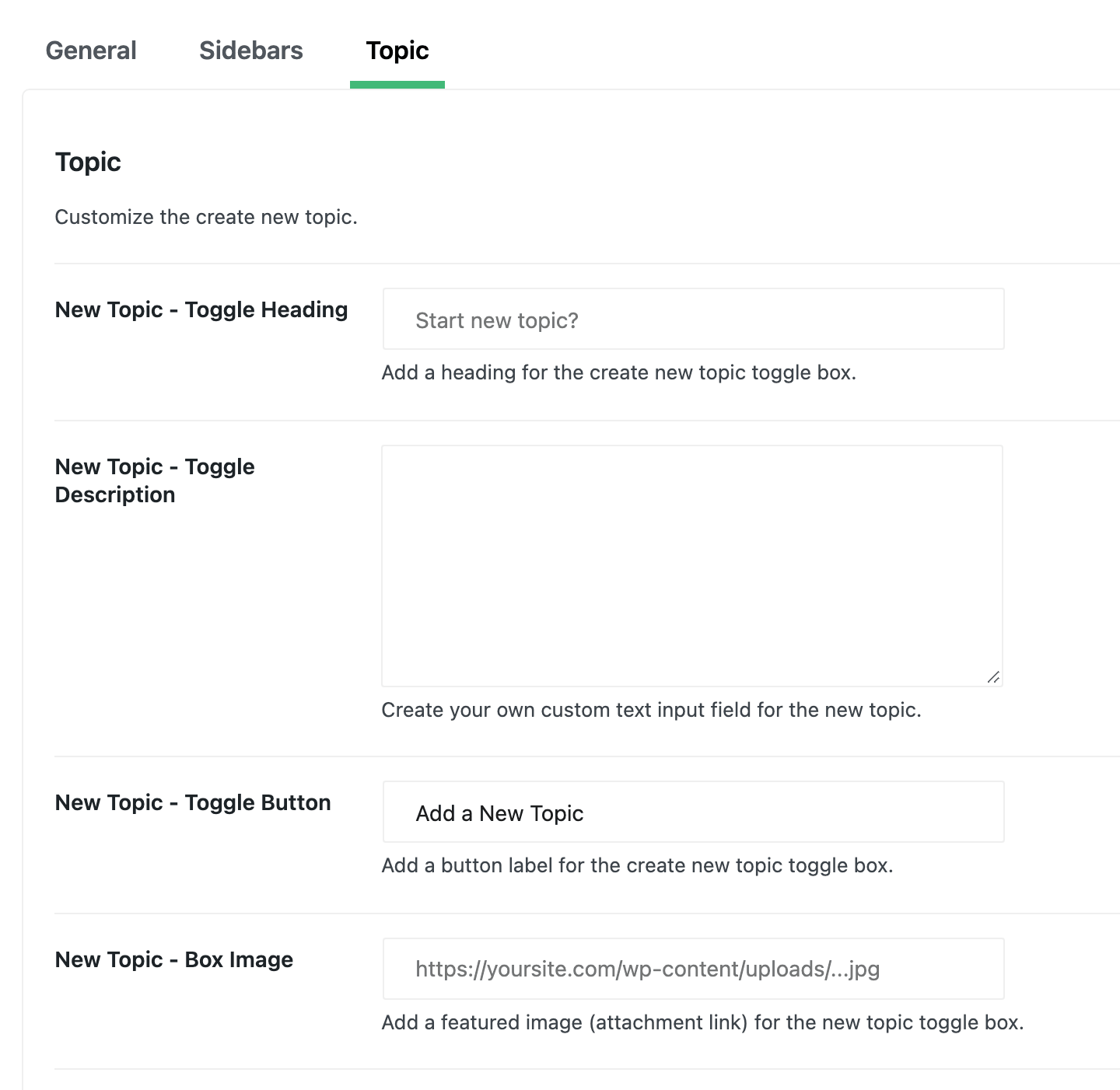 Foxiz > bbPress Forums, Topic tab: New Topic - Toggle Heading, Toggle Description, Toggle Button (Add a New Topic) and Box Image