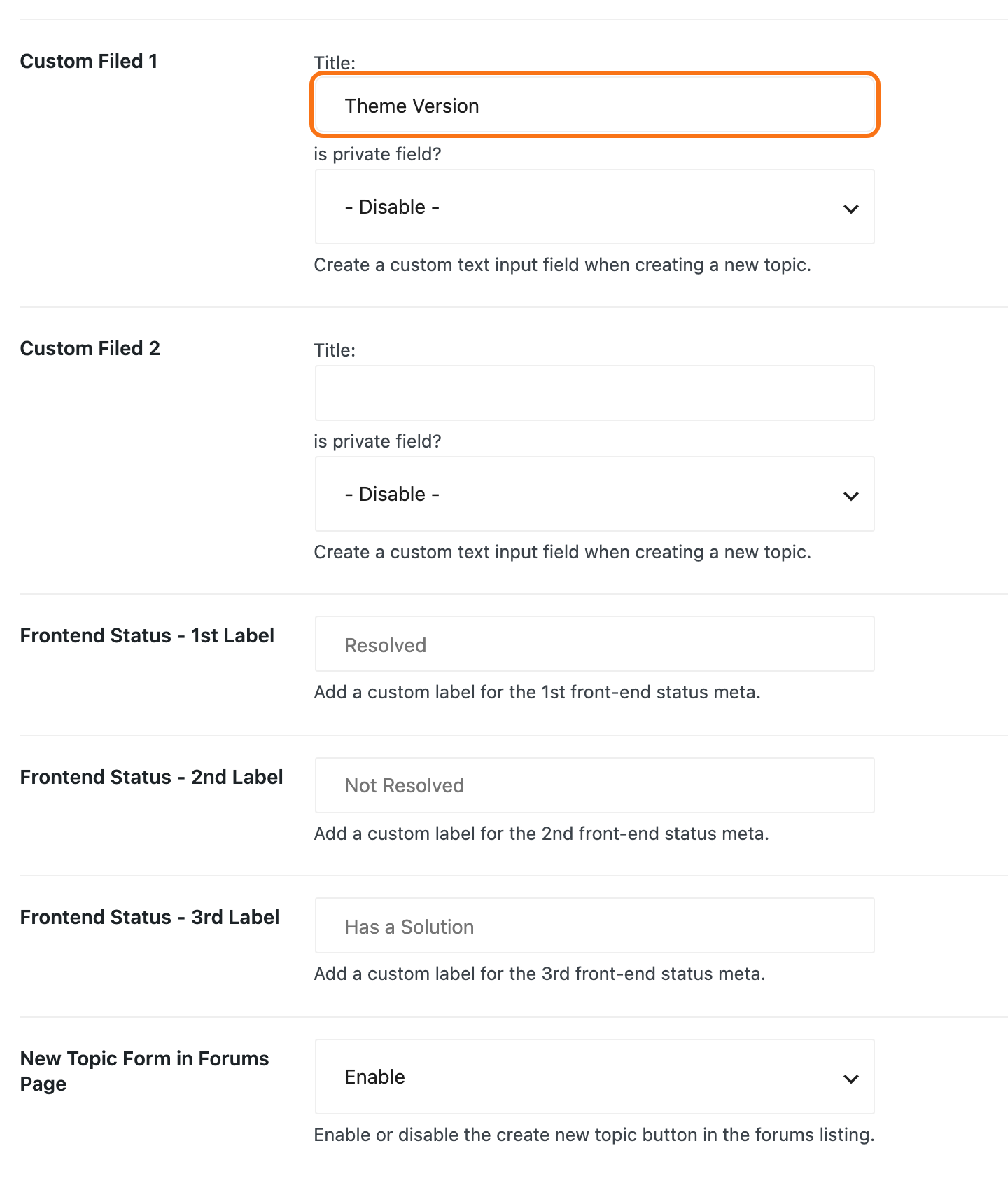 Foxiz > bbPress Forums, Topic tab, lower half: Custom Filed 1 with Title Theme Version, outlined in orange, and is private field? on - Disable -, Custom Filed 2 empty, the three Frontend Status labels, and New Topic Form in Forums Page on Enable