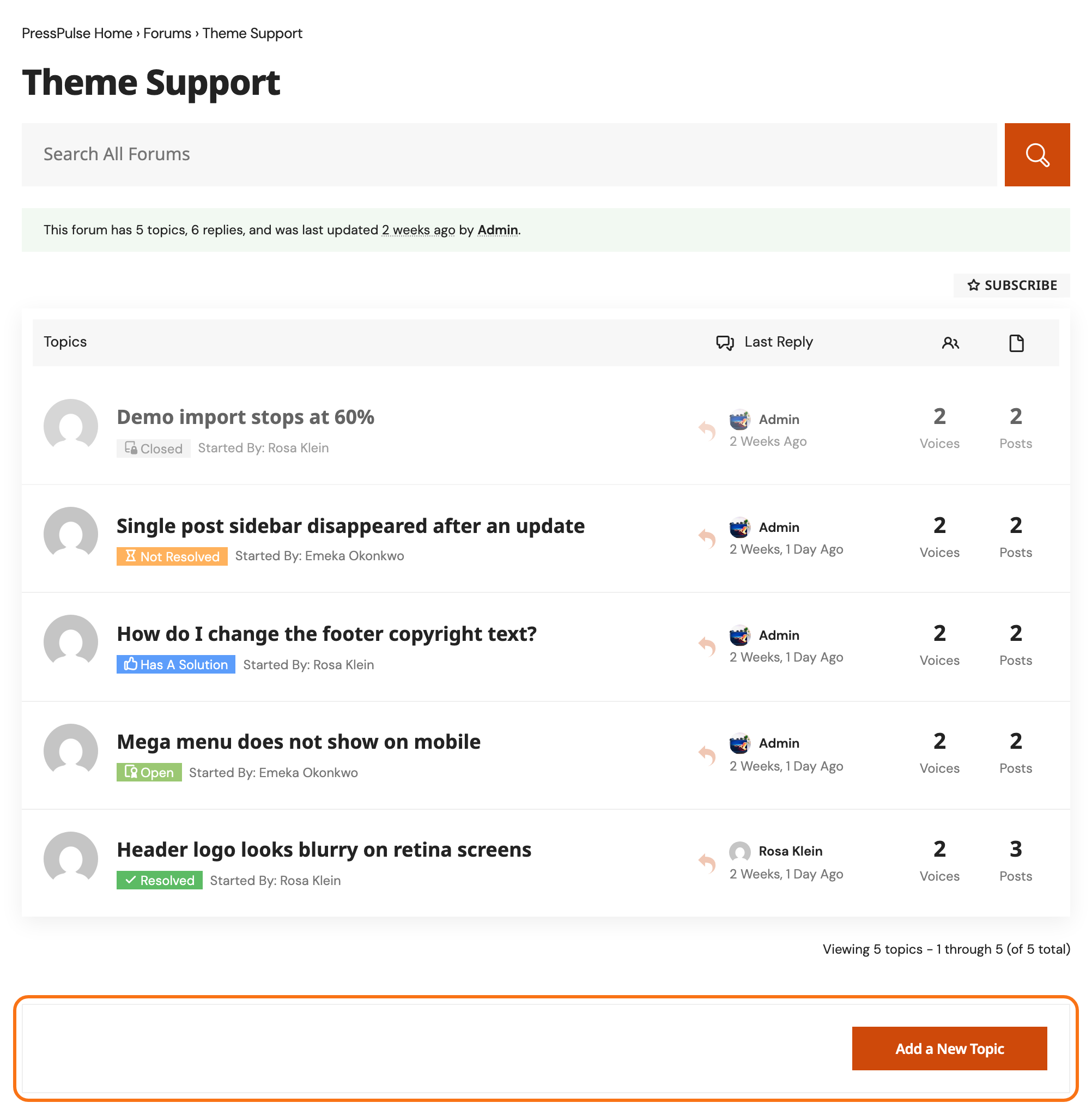 The Theme Support forum on a Foxiz site seen by a signed in member: the forum search, the topic list with each topic's status, and the new topic box with its Add a New Topic button outlined