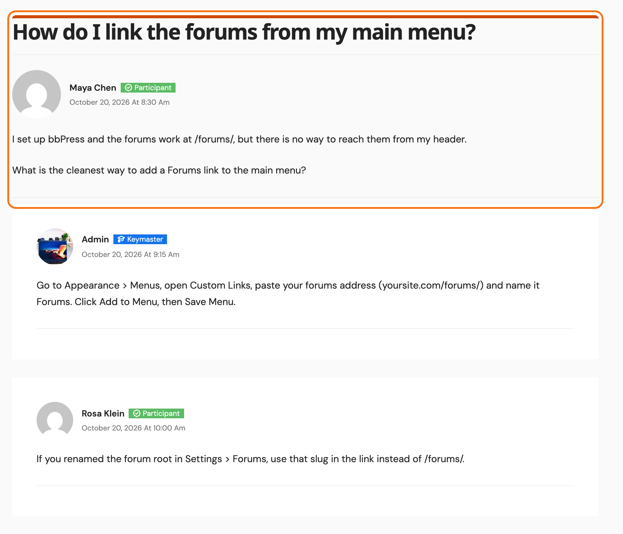 A single topic on a Foxiz site with Show Lead Topics on: the title and Maya Chen's opening post set apart as the lead post (outlined), then the replies from Admin (Keymaster) and Rosa Klein (Participant) in their own cards