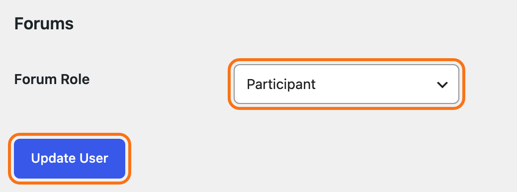 The Forums section at the foot of Maya Chen's profile in Users > All Users: Forum Role on Participant, outlined in orange, and the Update User button below it, outlined