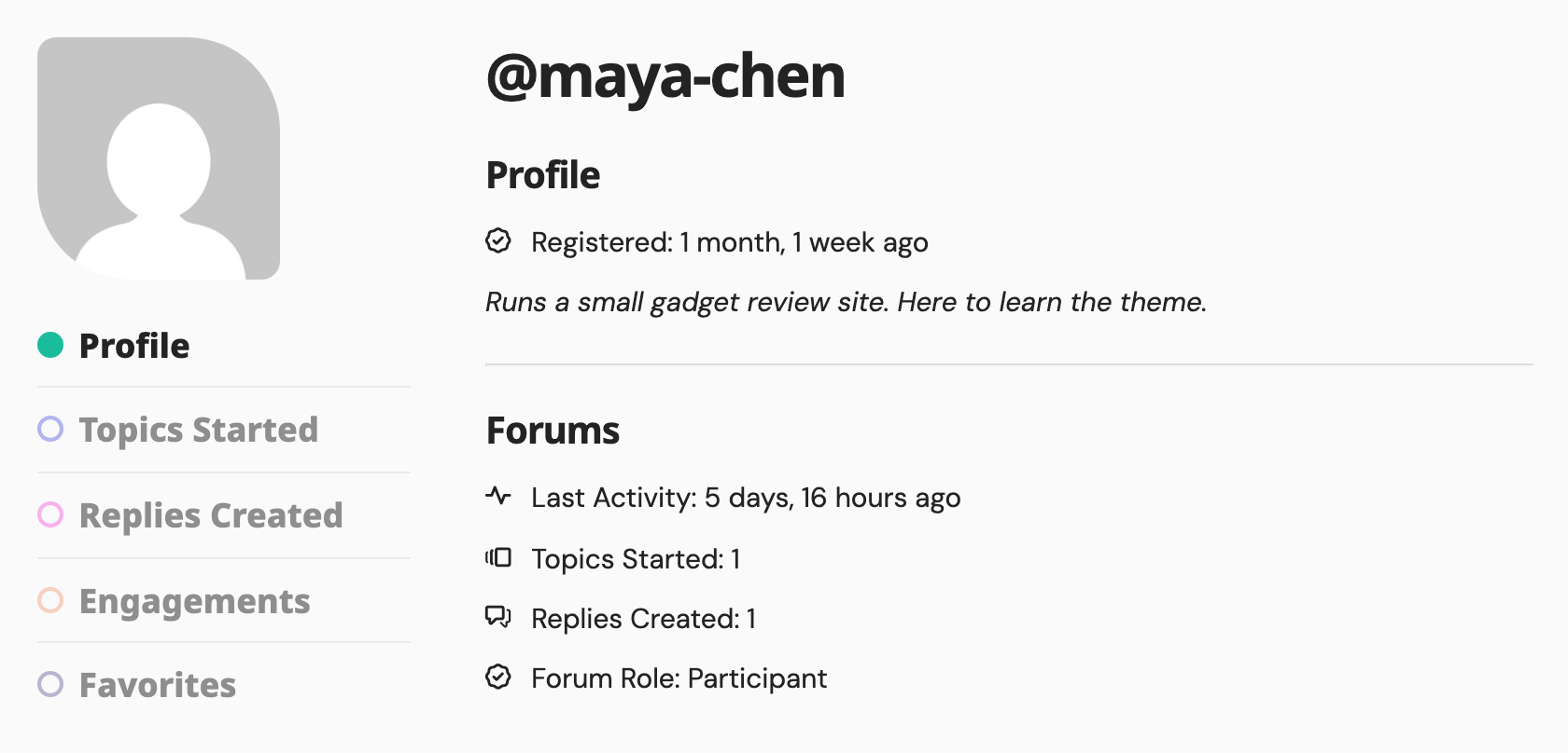 Maya Chen's forum profile: avatar, the Profile, Topics Started, Replies Created, Engagements and Favorites tabs, her bio, and her forum stats with Forum Role: Participant
