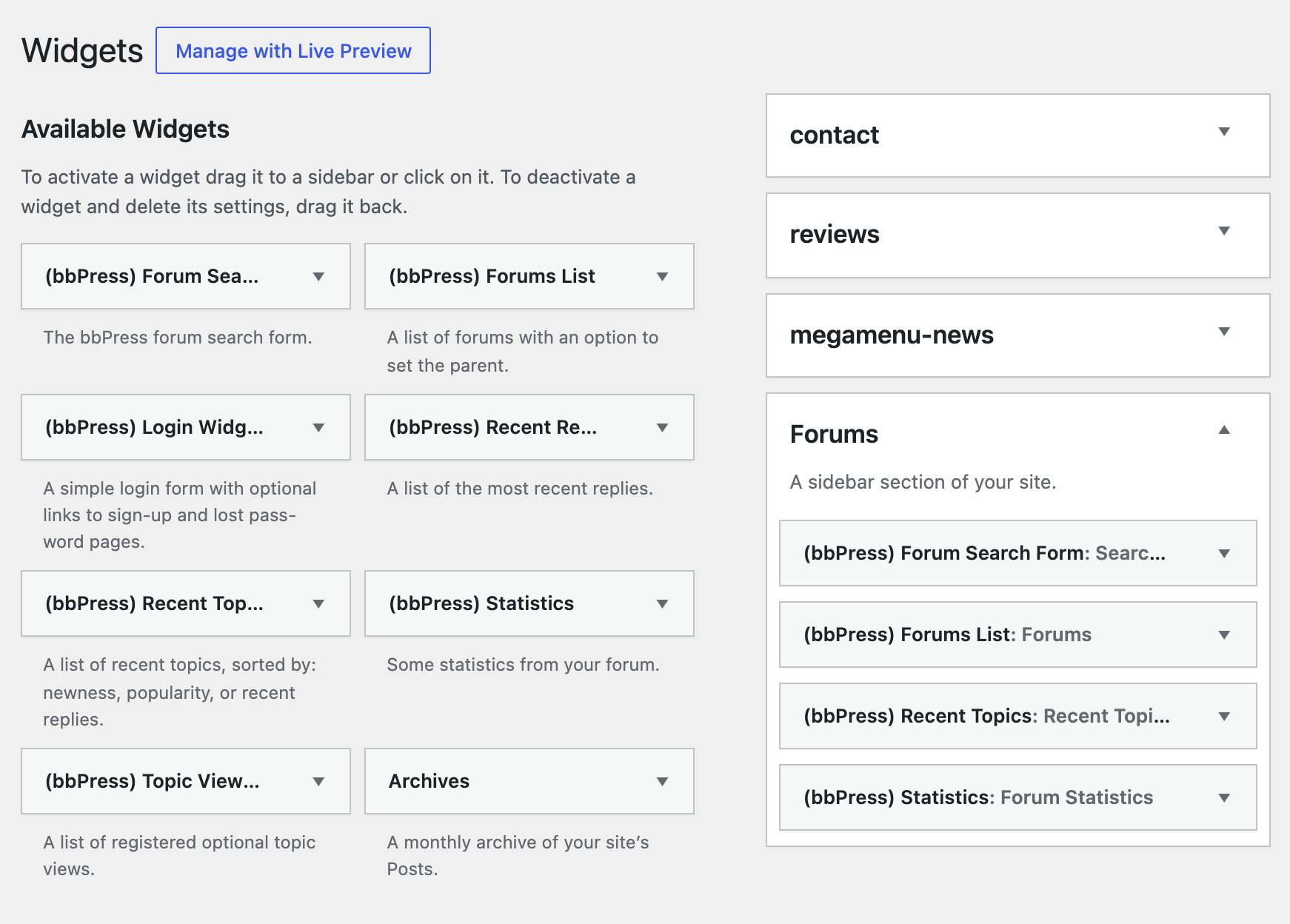 Appearance > Widgets with the Forums sidebar open, holding bbPress Forum Search Form, bbPress Forums List, bbPress Recent Topics and bbPress Statistics