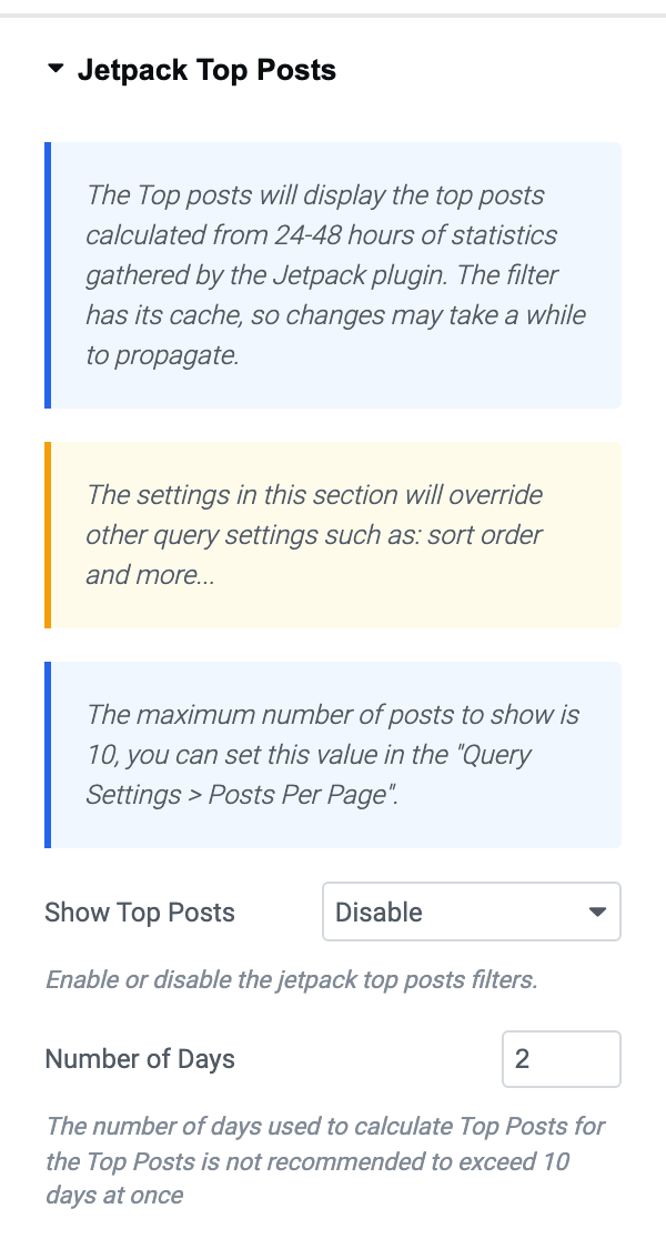 The Jetpack Top Posts section open on the Content tab of a Foxiz block, showing its three notices above Show Top Posts and Number of Days