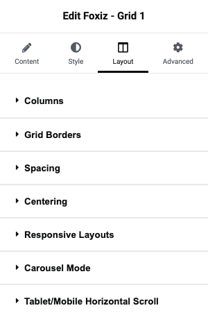 The Layout tab of a Foxiz - Grid 1 block, with Tablet/Mobile Horizontal Scroll as the last section below Carousel Mode