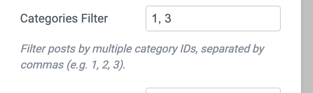 The Categories Filter field holding 1, 3