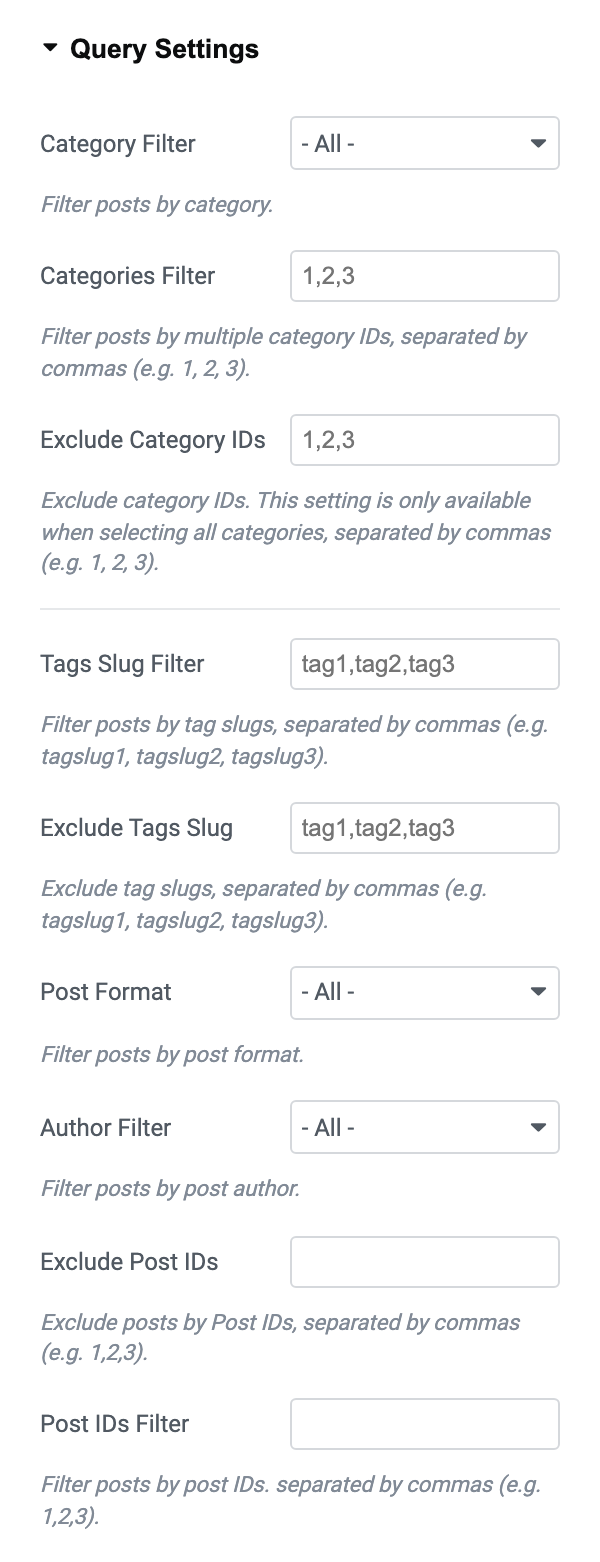 Query Settings on the Content tab of a Foxiz - Grid 1 block in Elementor, every filter empty with only its grey example text: Category Filter, Categories Filter, Exclude Category IDs, Tags Slug Filter, Exclude Tags Slug, Post Format, Author Filter, Exclude Post IDs and Post IDs Filter