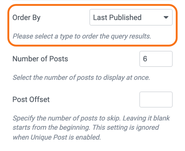 Order By on Last Published, outlined in orange, above Number of Posts and an empty Post Offset, in Query Settings of a Foxiz - Grid 1 block