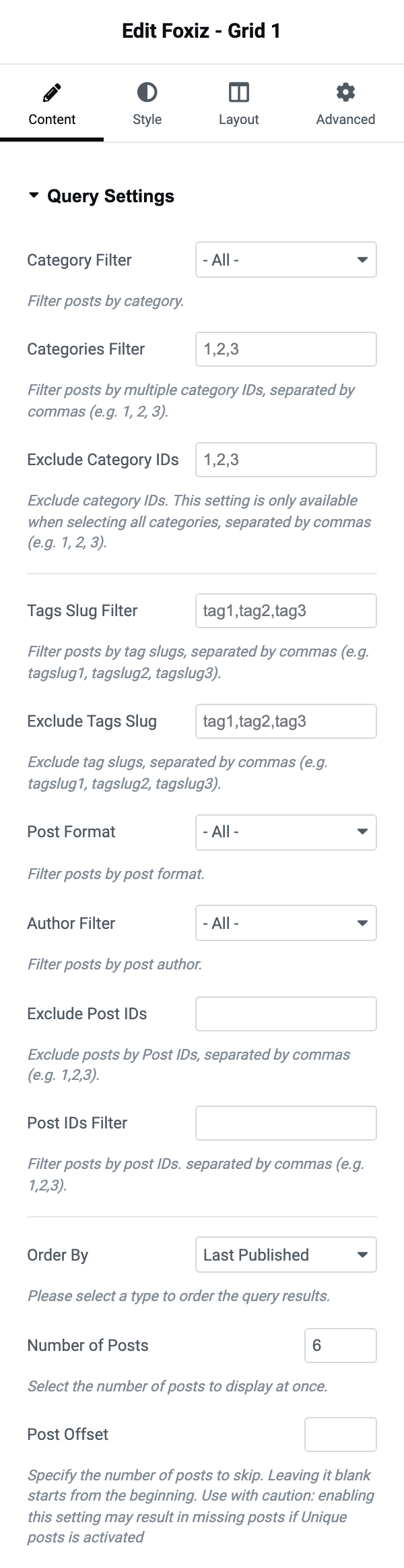 The Query Settings section in the block's Content tab