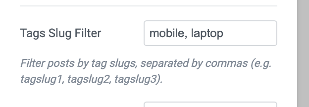 The Tags Slug Filter field in a block's Query Settings, holding mobile, laptop