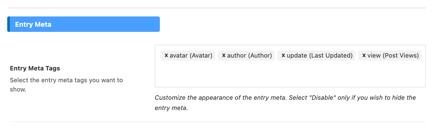 The Entry Meta Tags field of the Classic module with view (Post Views) added after avatar, author and update