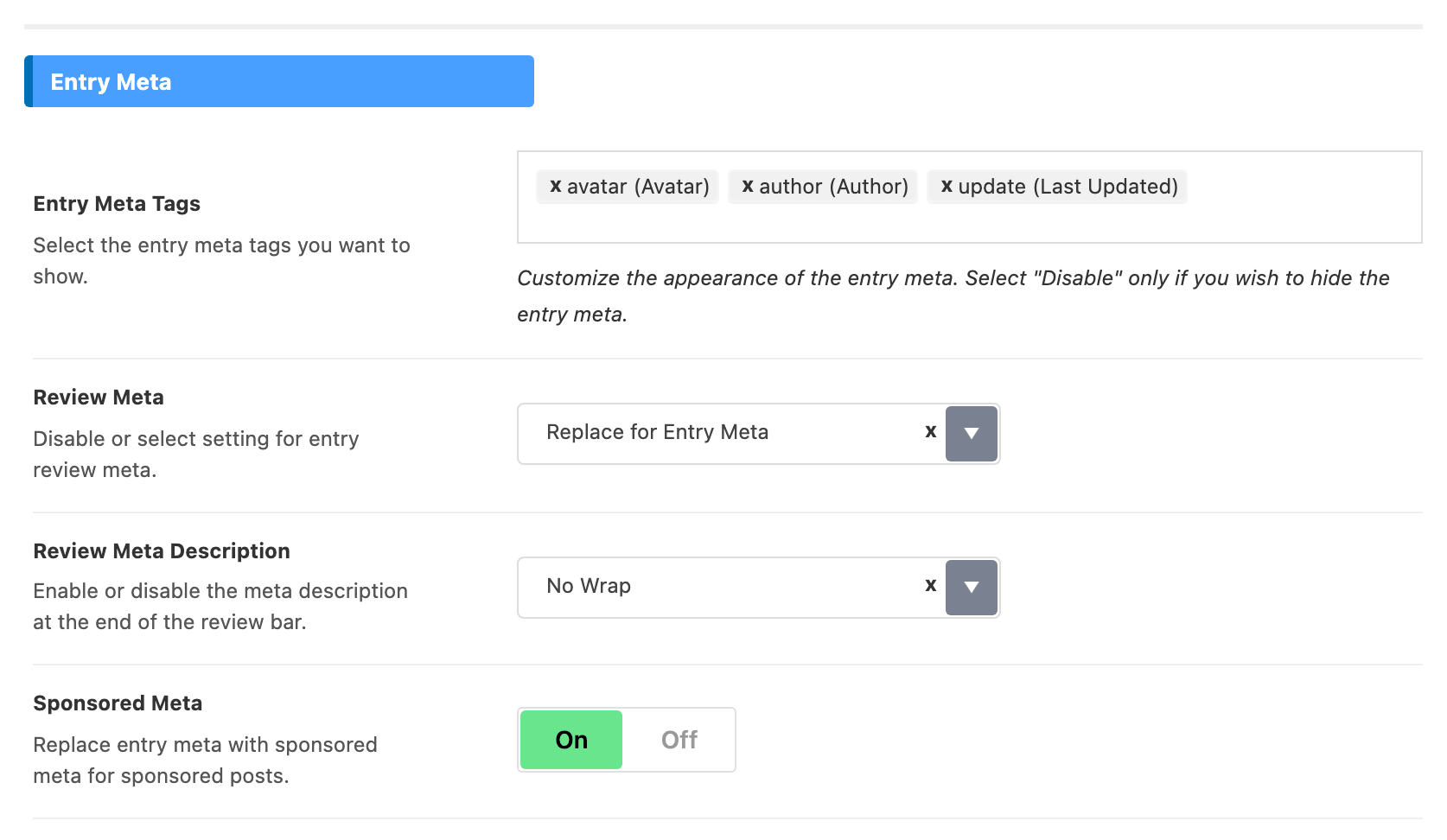 The Entry Meta group of Standard Blog Design > Grid 1: Entry Meta Tags holding avatar, author and last updated, then Review Meta and Sponsored Meta