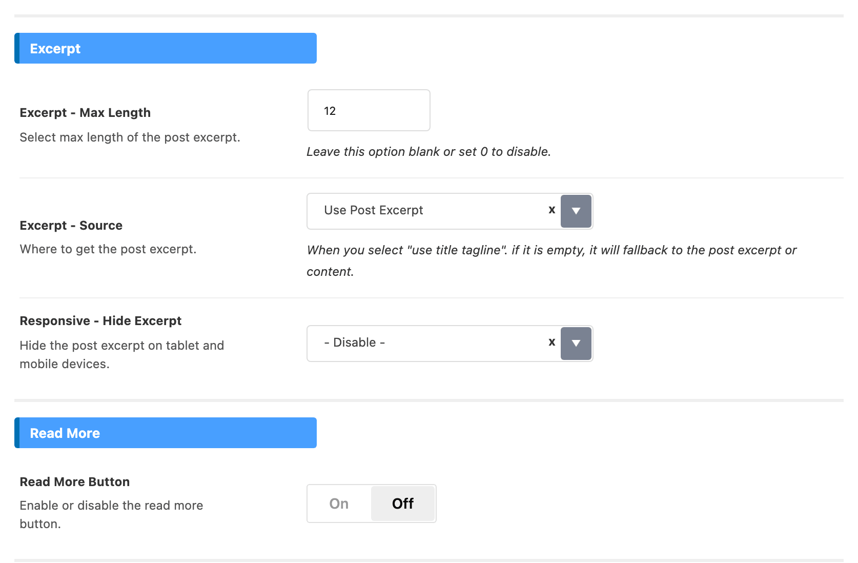 The Excerpt and Read More groups of Standard Blog Design > Grid 1: Excerpt - Max Length, Excerpt - Source, Responsive - Hide Excerpt and Read More Button