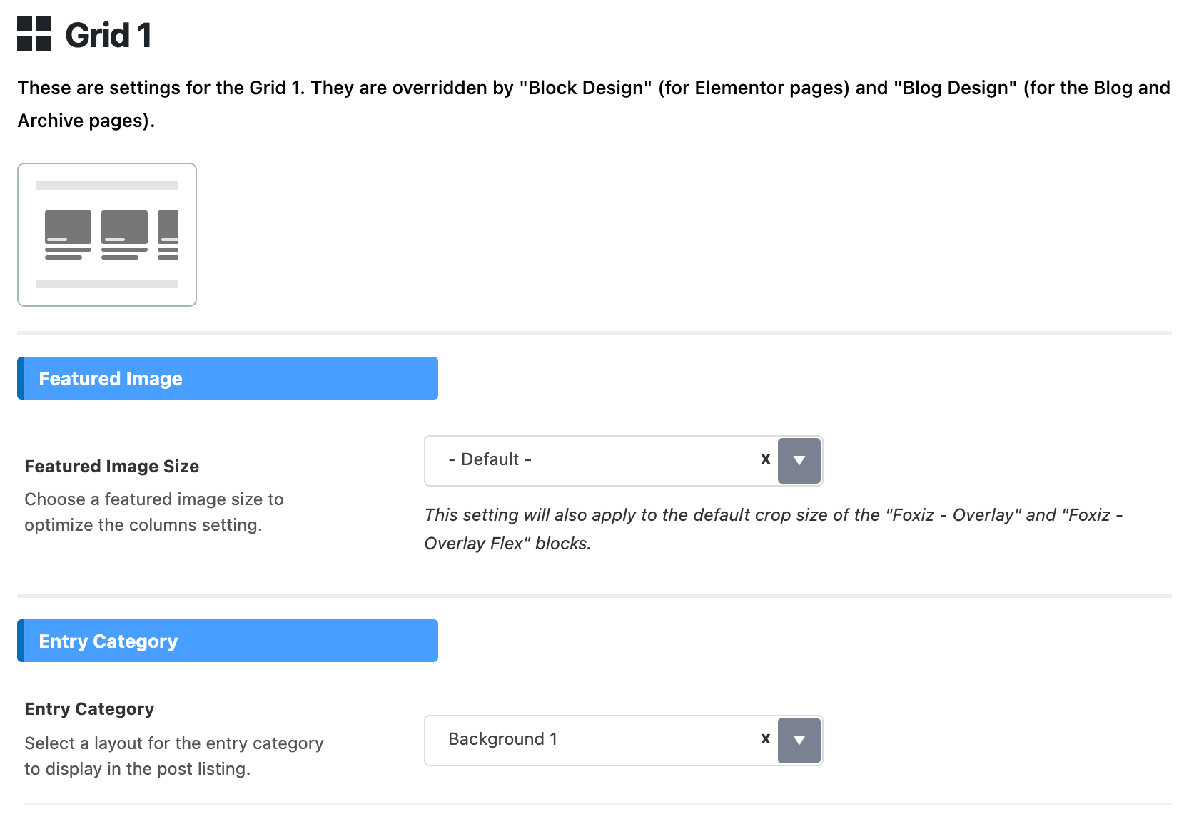 The top of Standard Blog Design > Grid 1: the layout picture, then Featured Image Size and Entry Category
