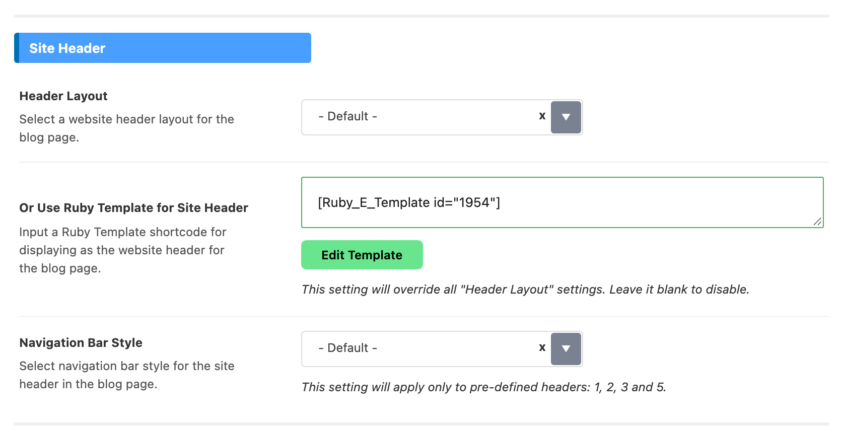 The Site Header group of Theme Options > Blog Index with a header template shortcode in Or Use Ruby Template for Site Header.