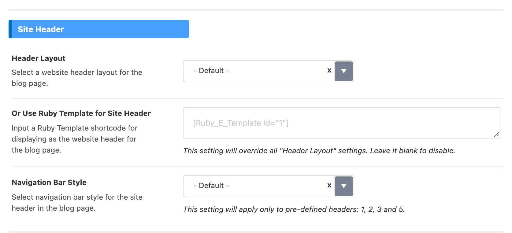 The Site Header group of Theme Options > Blog Index, showing Header Layout, Or Use Ruby Template for Site Header and Navigation Bar Style