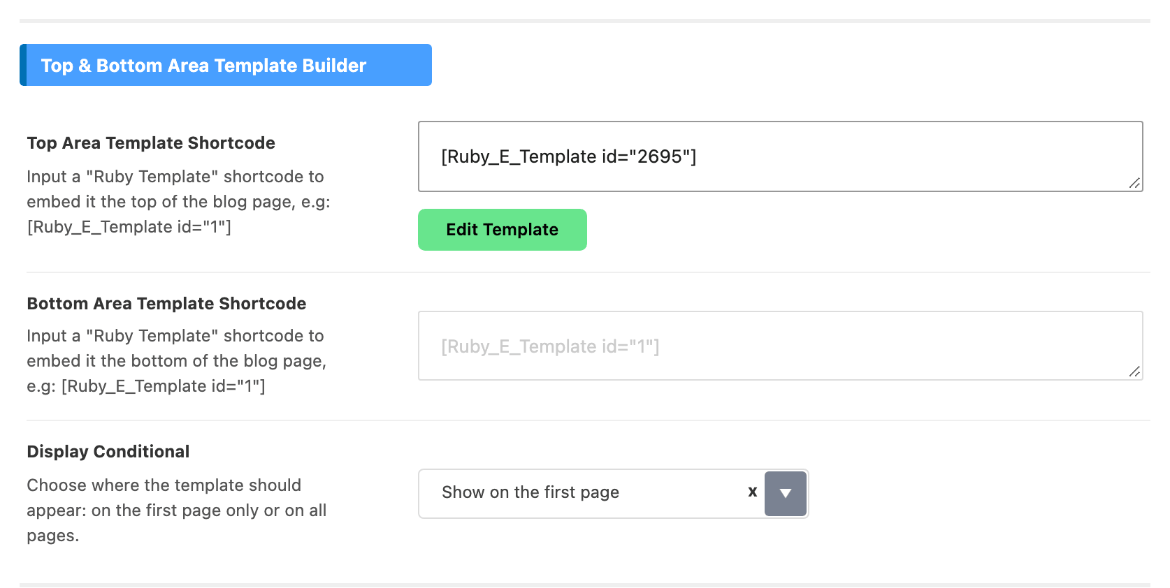 The Top & Bottom Area Template Builder group on the Blog Index panel