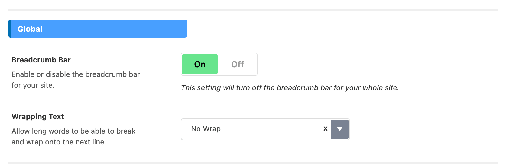 The Global group of Theme Options > Breadcrumb Bar: the Breadcrumb Bar switch and Wrapping Text