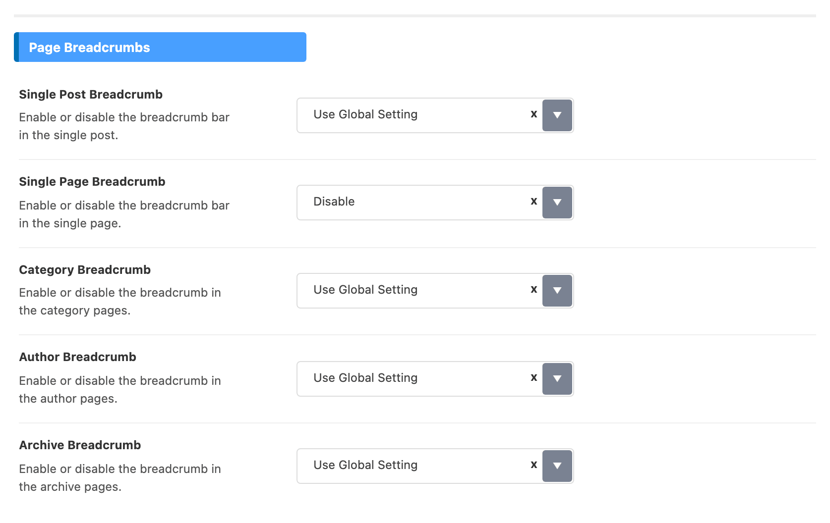 The Page Breadcrumbs group: Single Post, Single Page, Category, Author and Archive Breadcrumb dropdowns