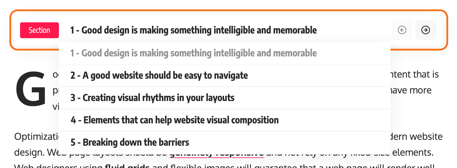 The page selector at the top of a split post on the Default demo, outlined in orange, with its list open: the Section label, the current page and every page heading numbered in order