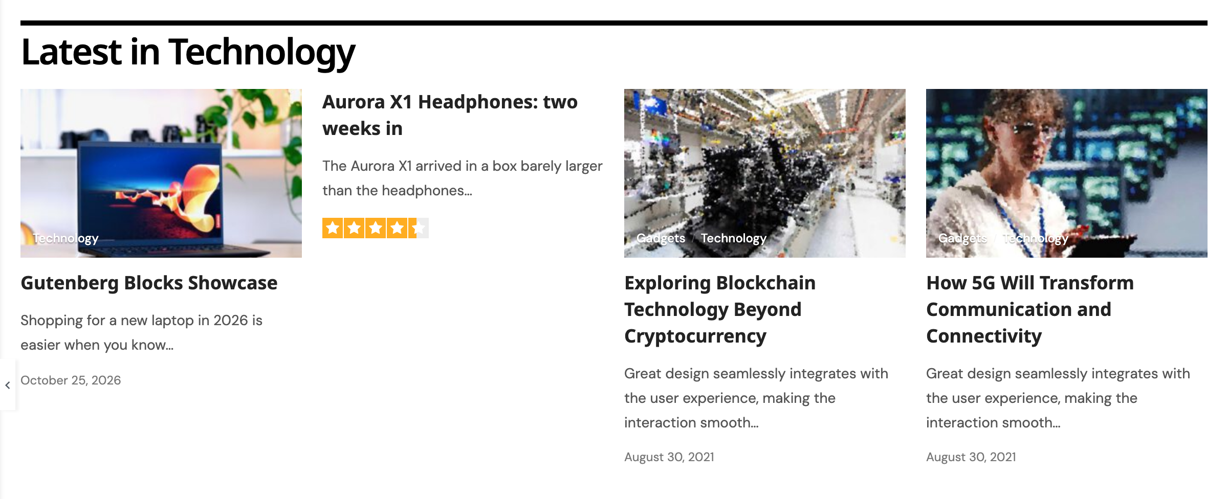 The Tech Mega Menu template in the Elementor canvas: the heading Latest in Technology above four Technology posts in a row