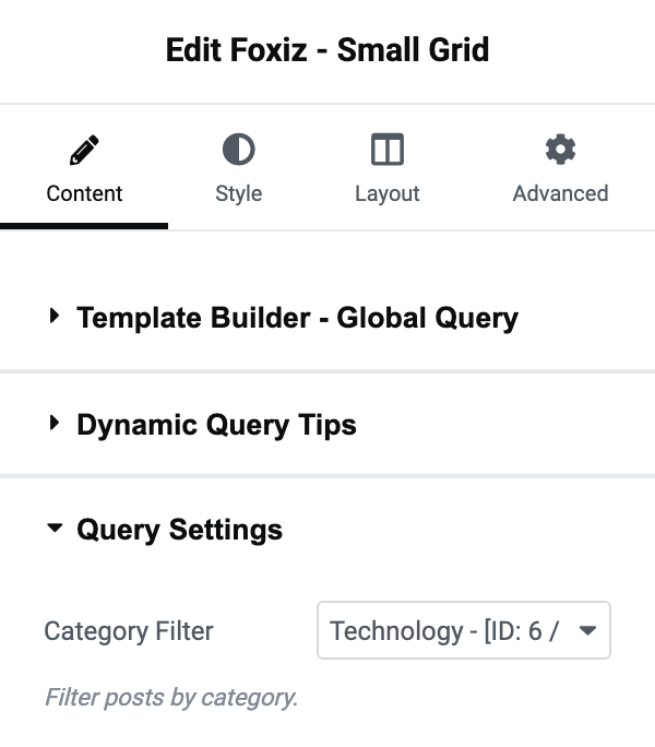 The Foxiz - Small Grid block's Query Settings with Category Filter set to Technology