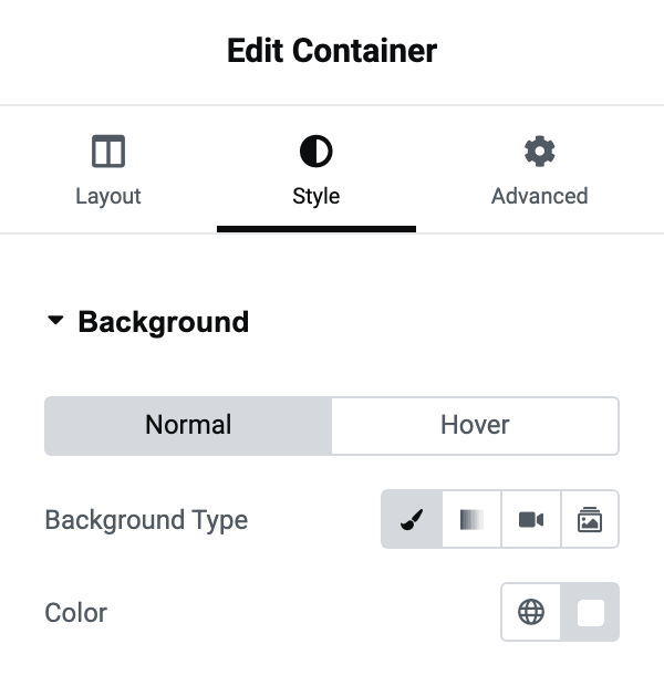 The container's Style tab with Background Type on Classic and Color set to white
