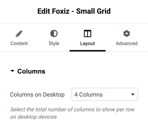 The Layout tab of the Foxiz - Small Grid block with Columns on Desktop set to 4 Columns