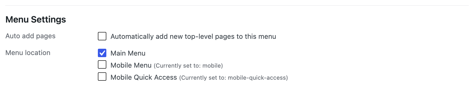 The Menu Settings at the foot of the main menu, with Main Menu ticked under Menu location