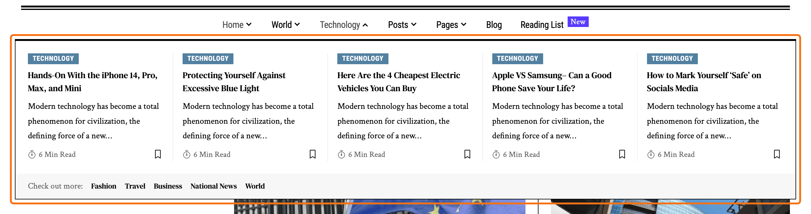 The Times demo with the mouse over Technology in the main menu: the mega menu open below it, outlined in orange, with five Technology posts in a row and a Check out more line of category links