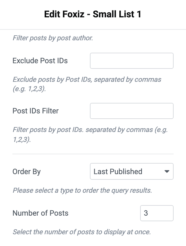 The Foxiz - Small List 1 block's Query Settings with Number of Posts set to 3