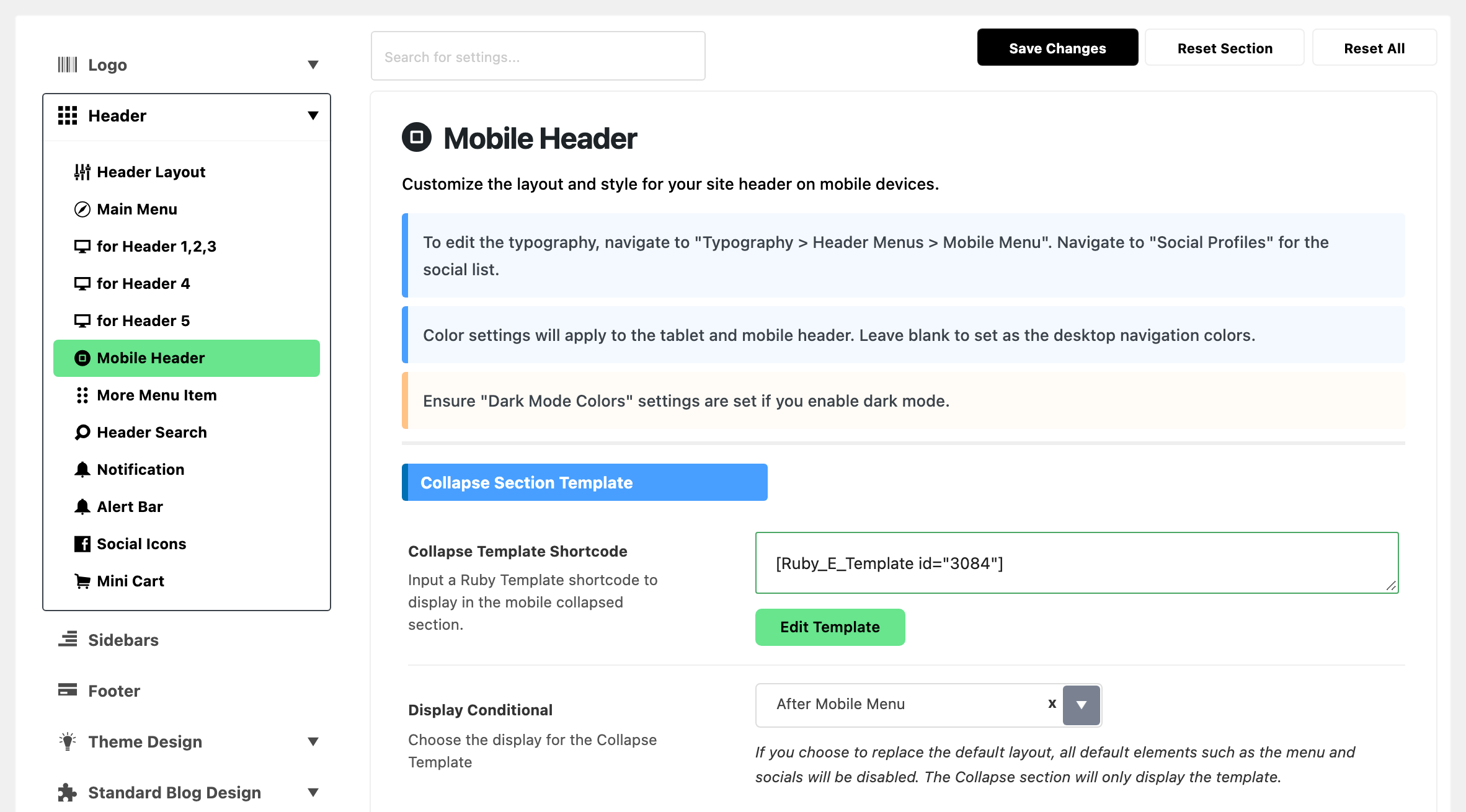The Collapse Section Template group of Theme Options > Header > Mobile Header, with the Mobile Panel shortcode in Collapse Template Shortcode and Display Conditional on After Mobile Menu