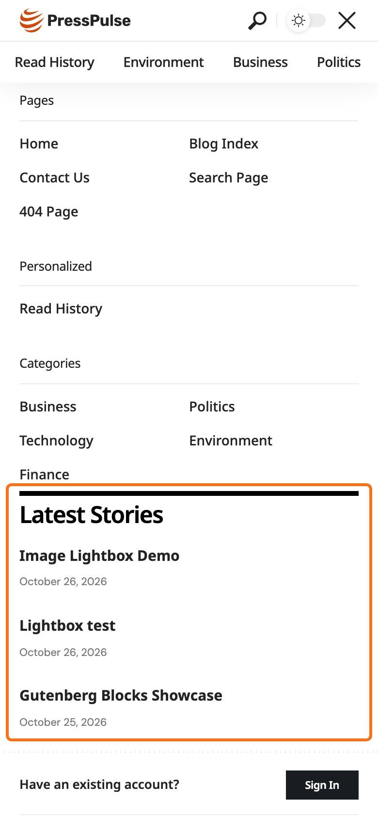 The mobile menu panel open on a phone: the menu, and under it the Latest Stories template, outlined in orange