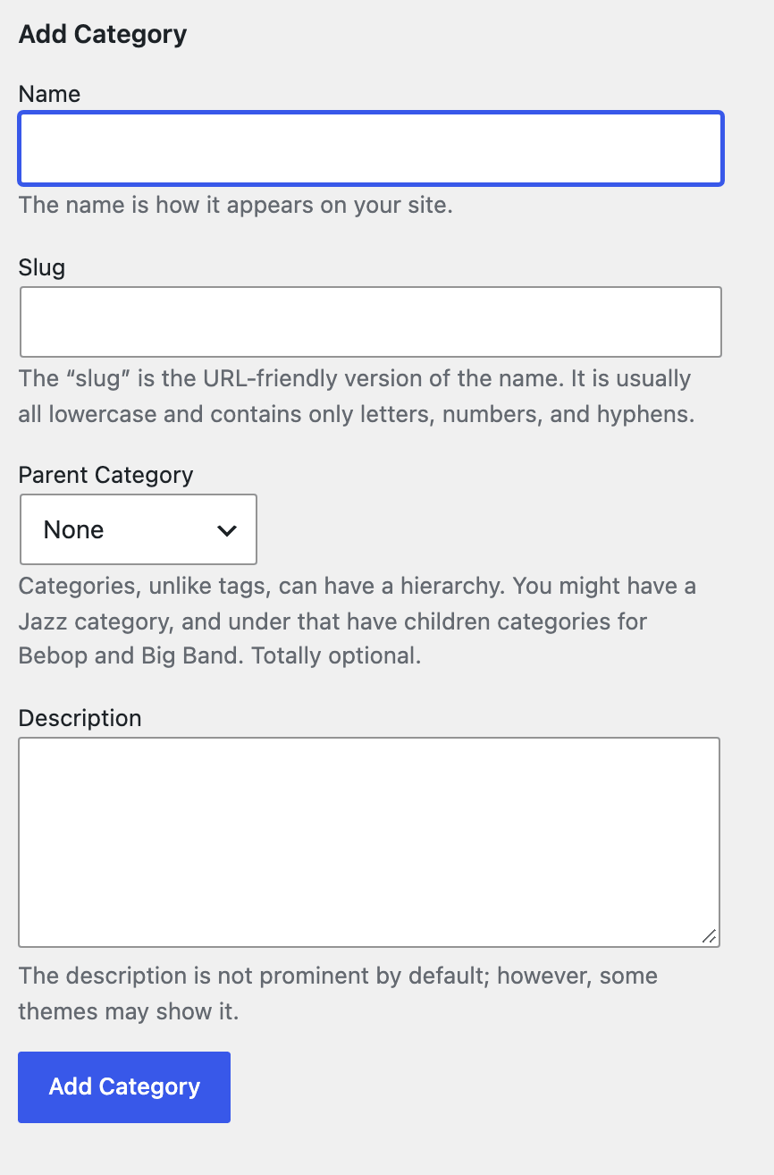 The Add Category form on Posts > Categories: Name, Slug, Parent Category, Description and the Add Category button