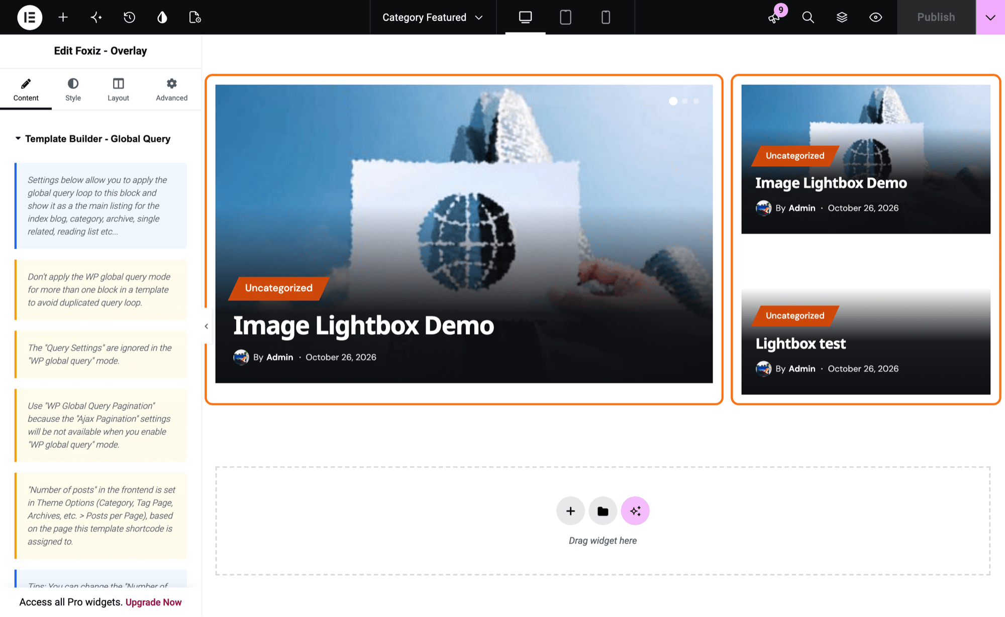 The Category Featured template in Elementor: on the canvas one row with Foxiz - Highlight Overlay on the left and Foxiz - Overlay with two stacked posts on the right, both outlined in orange, and the panel on the left open on the Foxiz - Overlay block's settings.