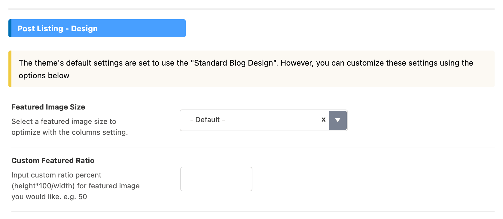 The Post Listing - Design group of Theme Options > Category, showing Featured Image Size and Custom Featured Ratio