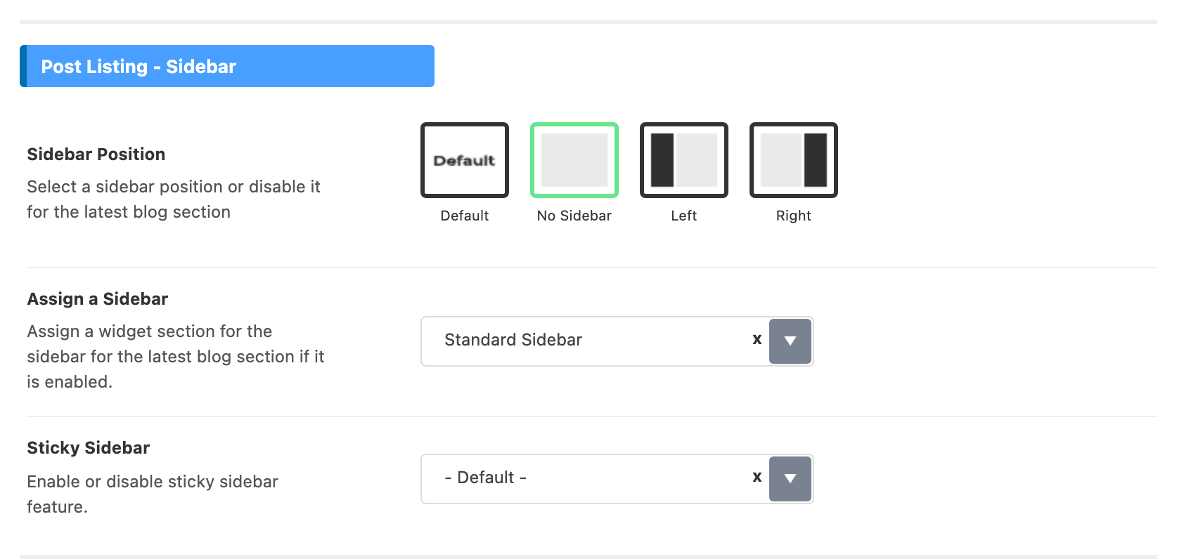 The Post Listing - Sidebar group of Theme Options > Category, holding Sidebar Position, Assign a Sidebar and Sticky Sidebar