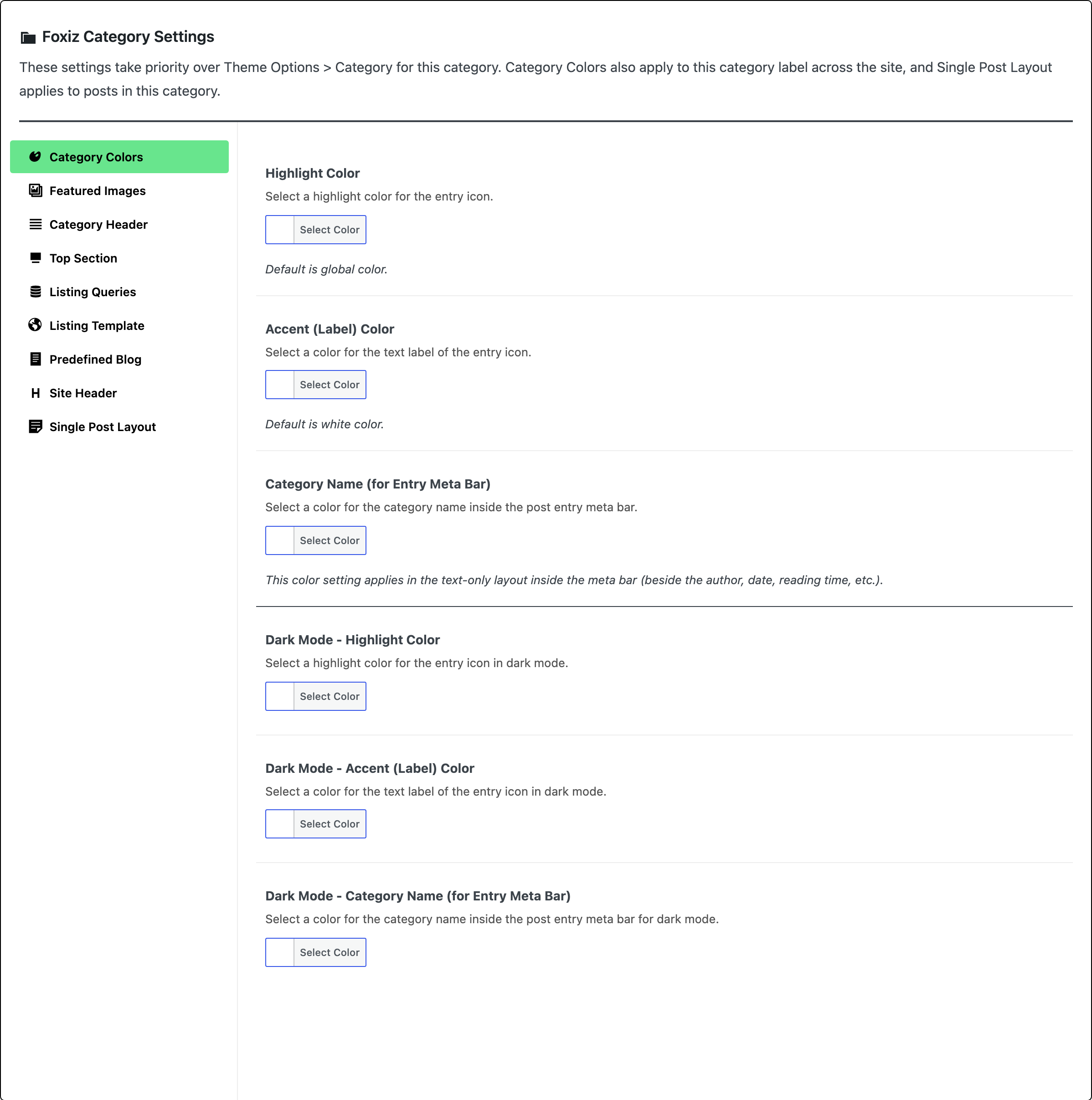 The Foxiz Category Settings box on the Edit Category screen for Business, its nine tabs from Category Colors to Single Post Layout down the left and Category Colors open with all six colour fields empty