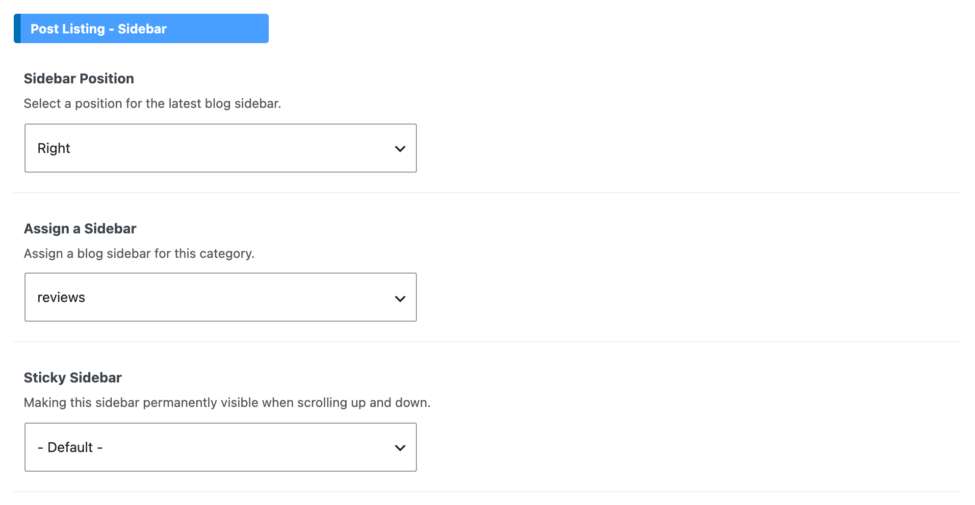 The Post Listing - Sidebar group of a category's Predefined Blog tab, with Sidebar Position on Right and a sidebar picked in Assign a Sidebar.
