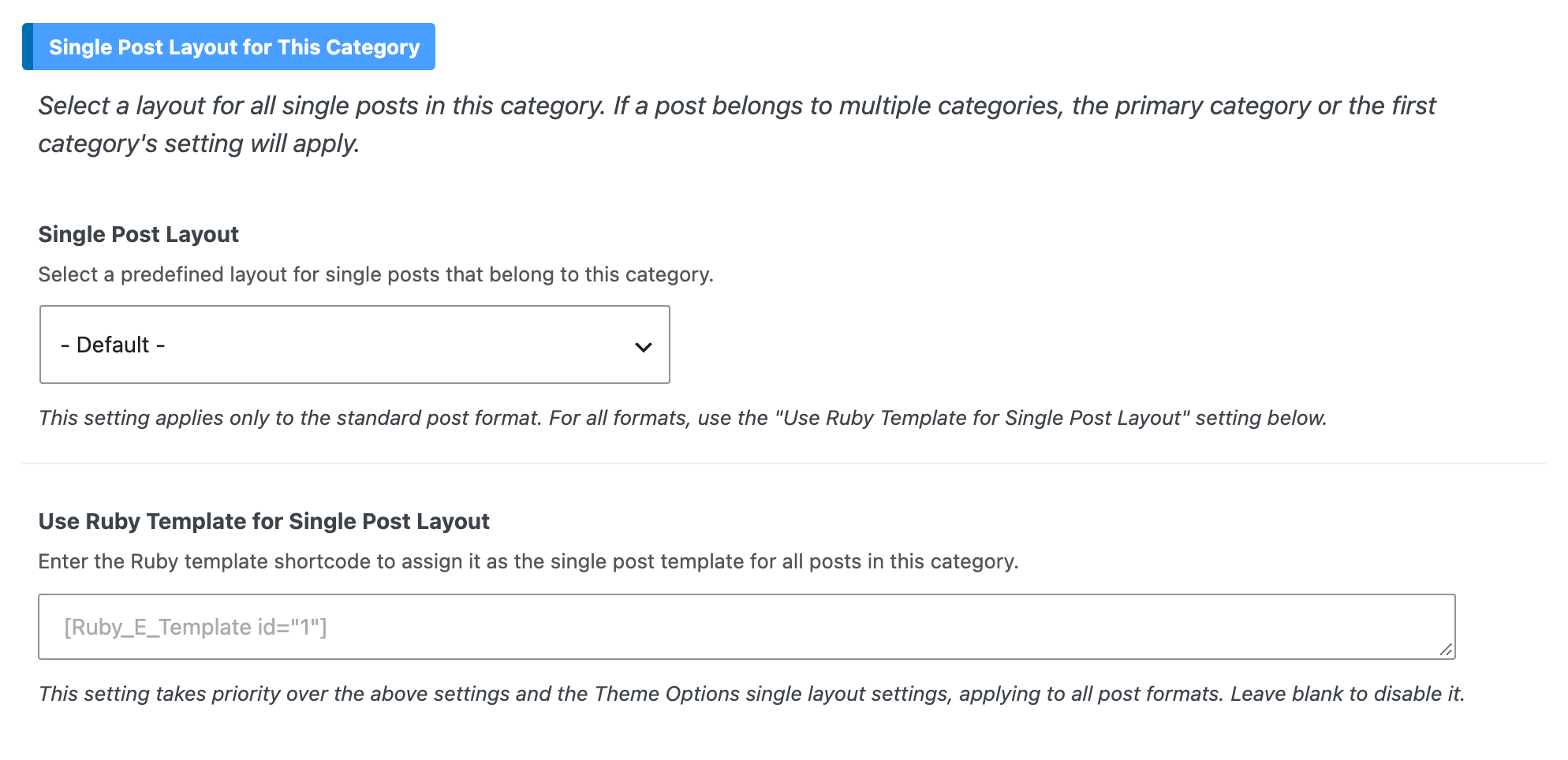 The Single Post Layout tab of Foxiz Category Settings: Single Post Layout and Use Ruby Template for Single Post Layout
