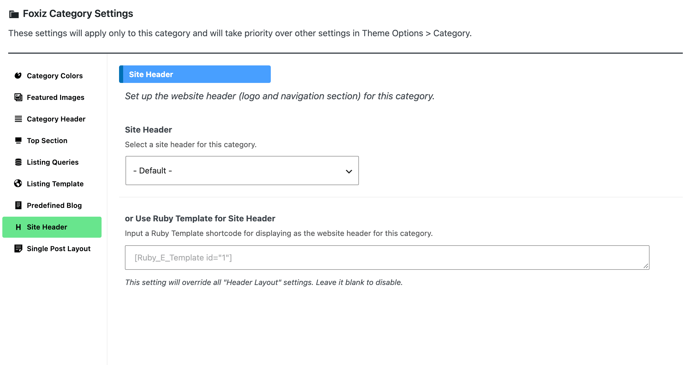 The Site Header tab of Foxiz Category Settings, with the Site Header dropdown and or Use Ruby Template for Site Header under it