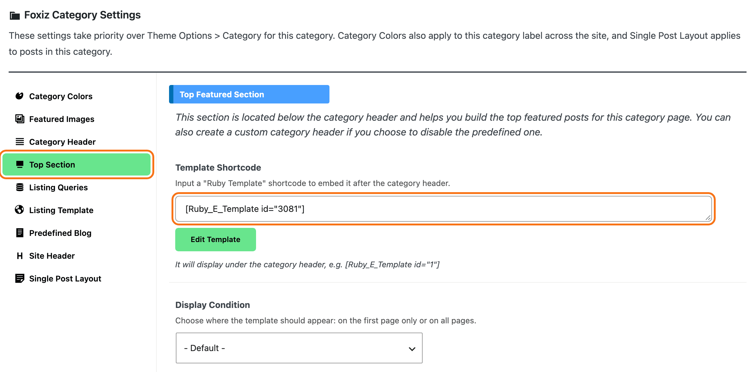 The Foxiz Category Settings box on the Business category, with the Top Section tab selected and outlined in orange, and [Ruby_E_Template id="3081"] pasted into its Template Shortcode field, also outlined.