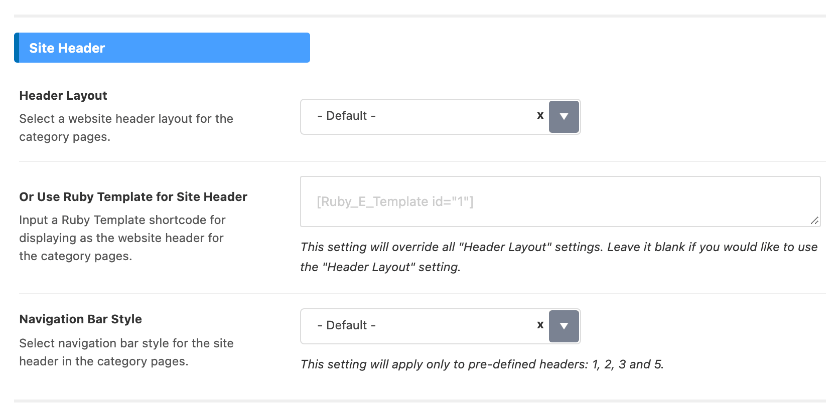 The Site Header group of Theme Options > Category, showing Header Layout, Or Use Ruby Template for Site Header and Navigation Bar Style