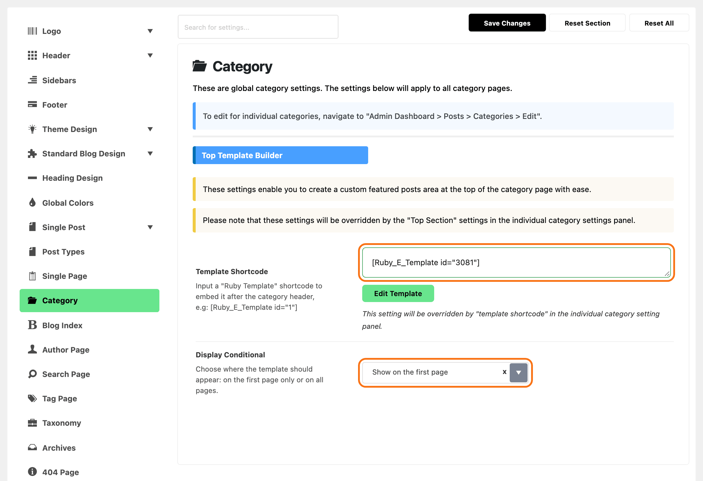 Theme Options with Category highlighted in the section list, beside the Top Template Builder group: Template Shortcode holding [Ruby_E_Template id="3081"] and, below it, Display Conditional on Show on the first page, both outlined in orange.