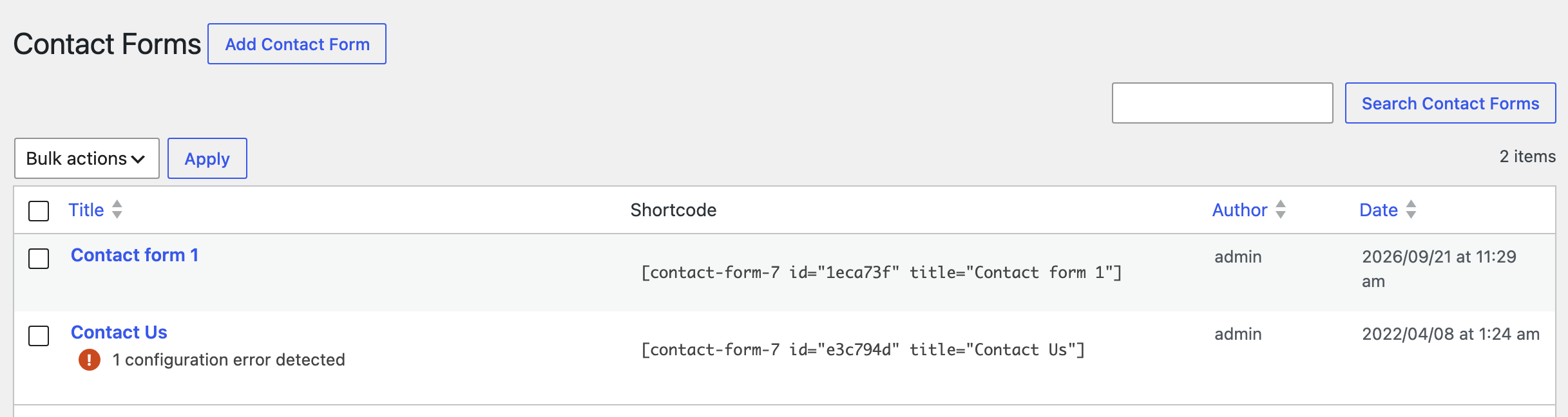 Contact > Contact Forms, listing Contact form 1 with its shortcode [contact-form-7 id="1eca73f" title="Contact form 1"] and Contact Us below it, with Author and Date columns