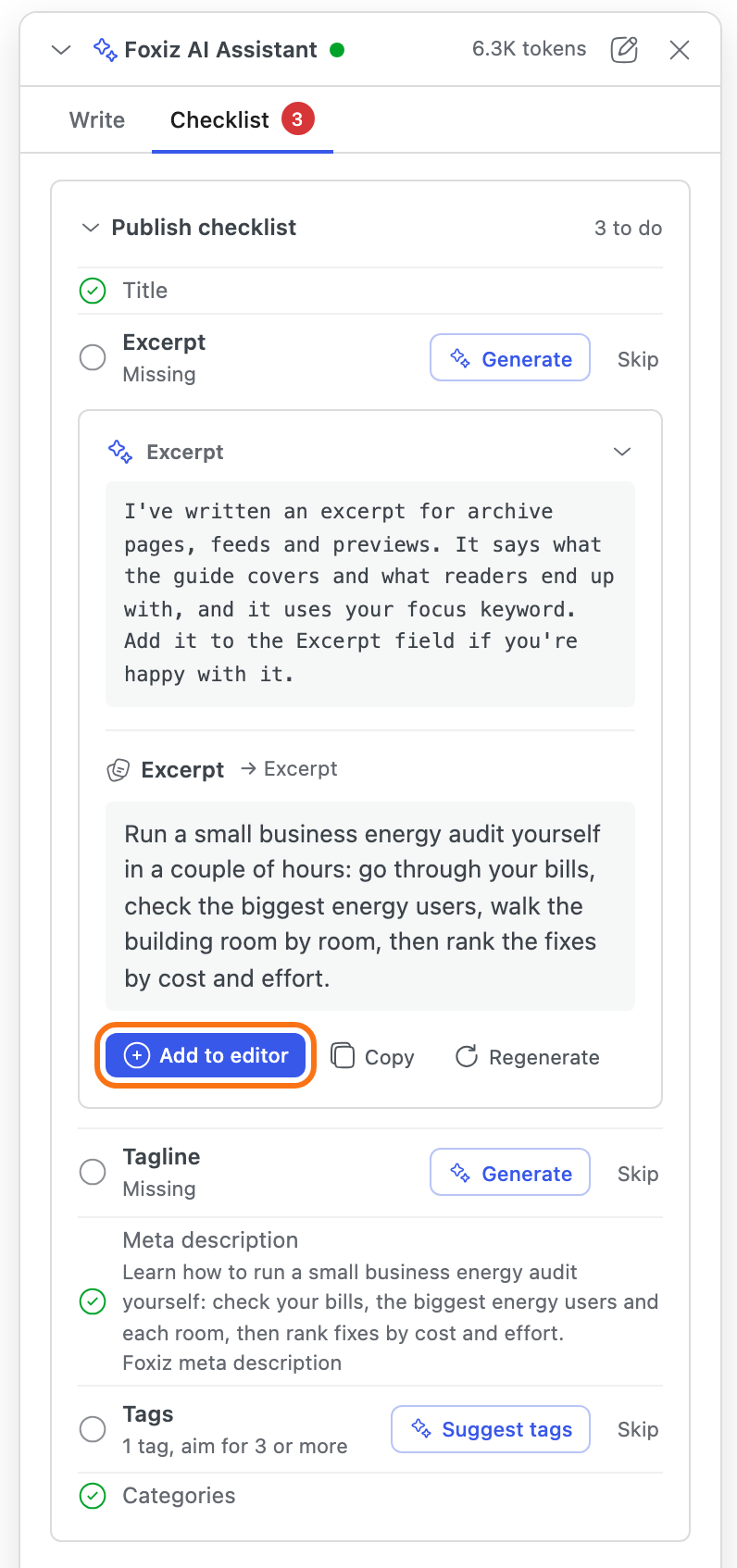 The Checklist tab after Generate on the Excerpt row: an Excerpt card opened under that row, with the AI's note, the excerpt marked → Excerpt, and Add to editor (outlined), Copy and Regenerate; the Tagline, Meta description, Tags and Categories rows below