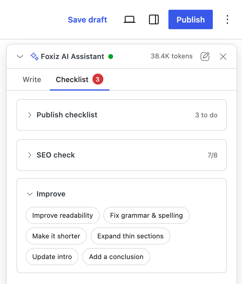 The Checklist tab with Improve open on Improve readability, Fix grammar & spelling, Make it shorter, Expand thin sections, Update intro and Add a conclusion