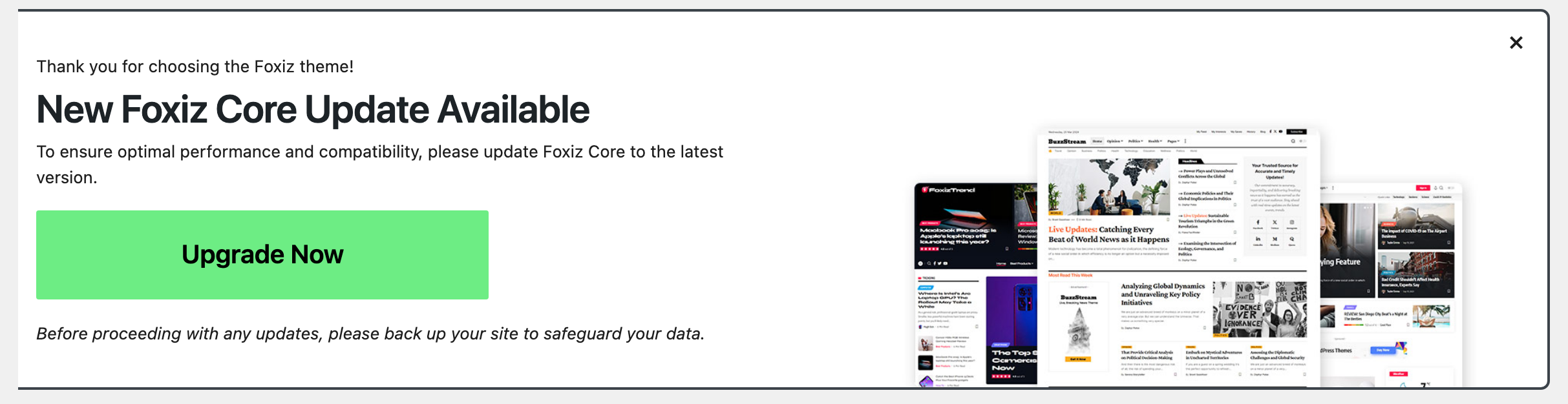 The New Foxiz Core Update Available notice with its Upgrade Now button
